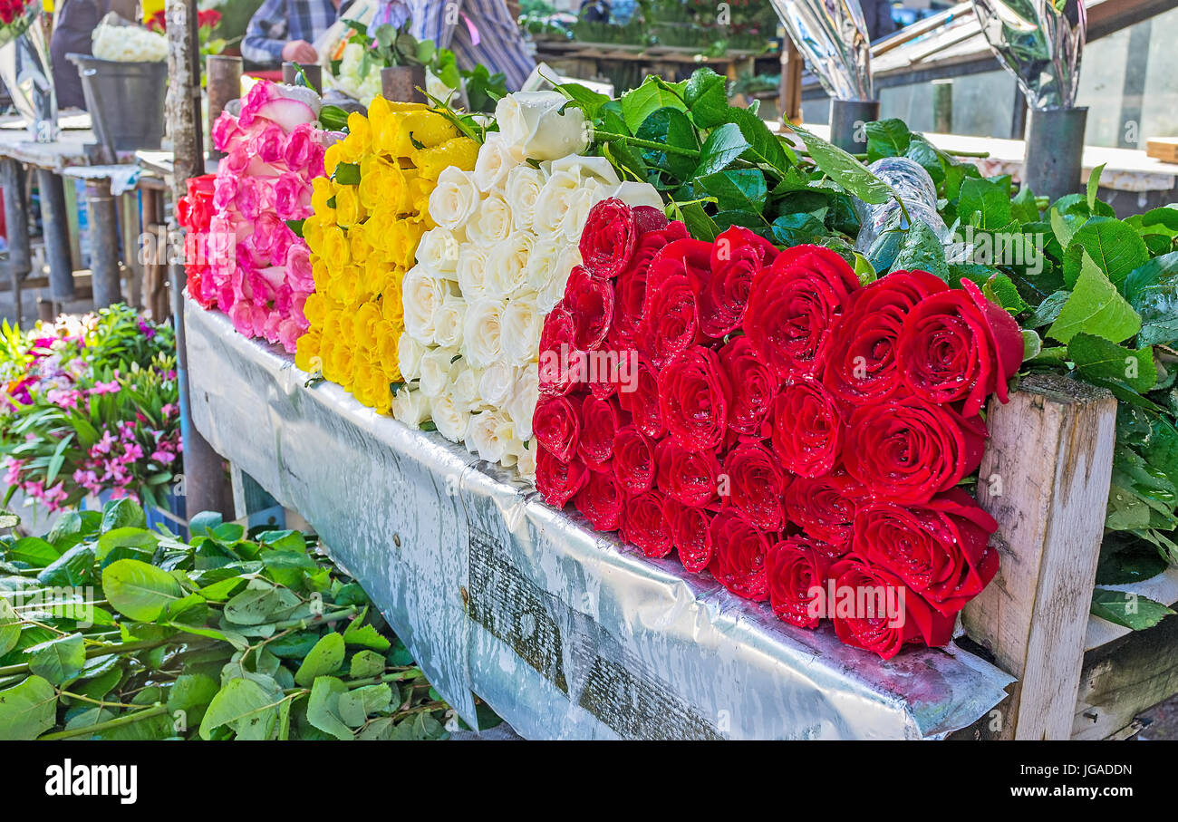 The wide range of fresh cut roses in the Flower Market in Tbilisi, located in Mtatsminda