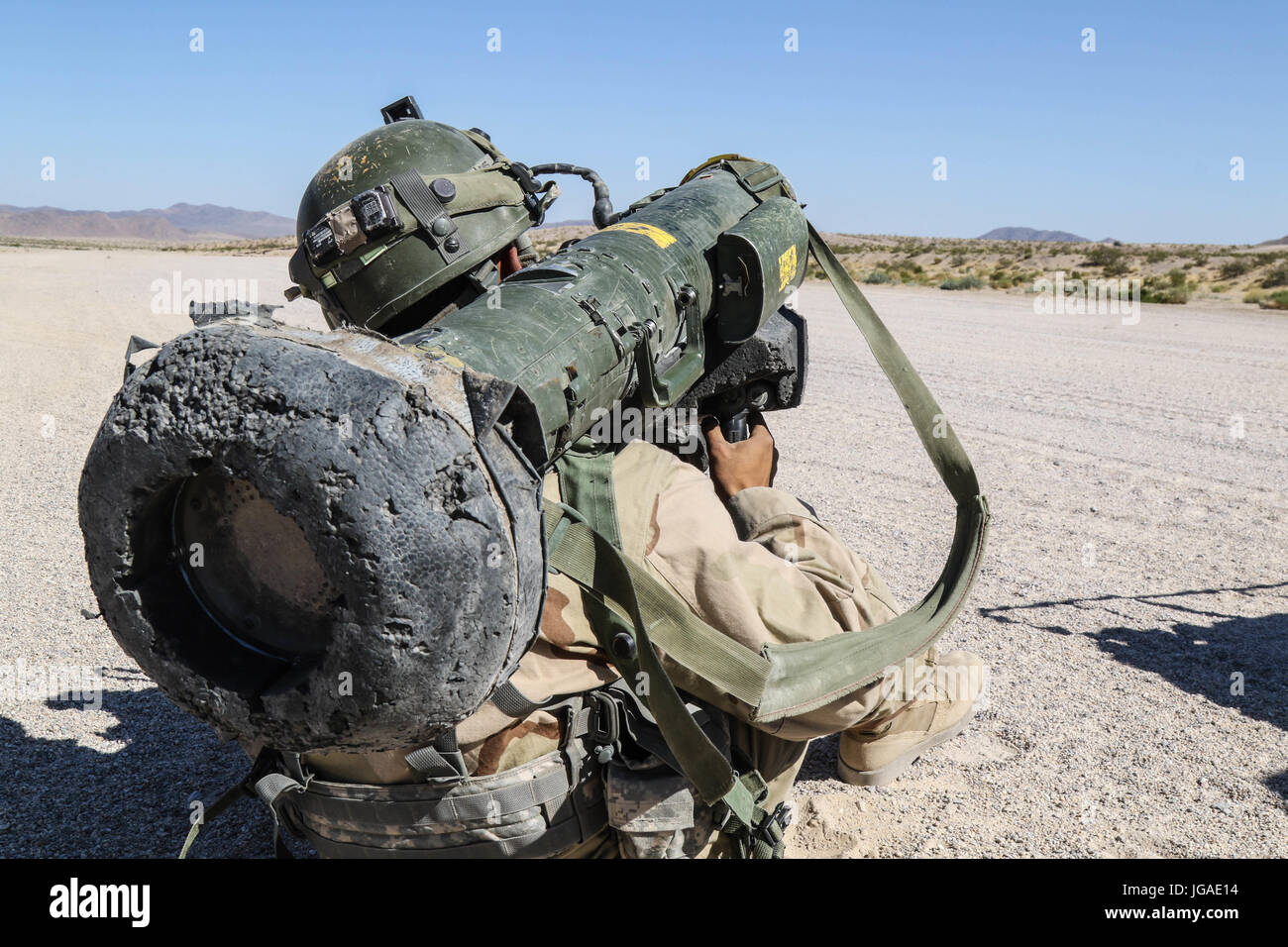 FORT IRWIN, Calif. – A Trooper from Coldsteel Troop, 1st Squadron, 11th Armored Cavalry Regiment, utilizes an FGM-148 Javelin during an engagement against forces from the 1st Stryker Brigade Combat Team, 4th Infantry Division, near the John Wayne Foothills, National Training Center, July 1, 2017. This phase of NTC Rotation 17-07.5 challenges the Raider Brigade’s ability to conduct a deliberate defense against a near-peer opponent. (U.S. Army photo by Pfc. Austin Anyzeski, 11th ACR) Stock Photo