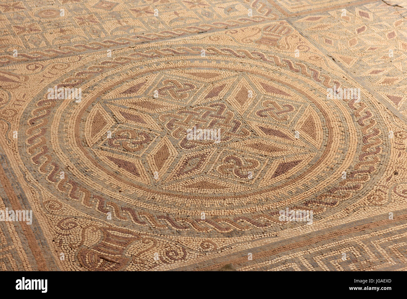 Geometric mosaic, Roman ruins of the ancient city of Conimbriga, Beiras region, Portugal Stock Photo