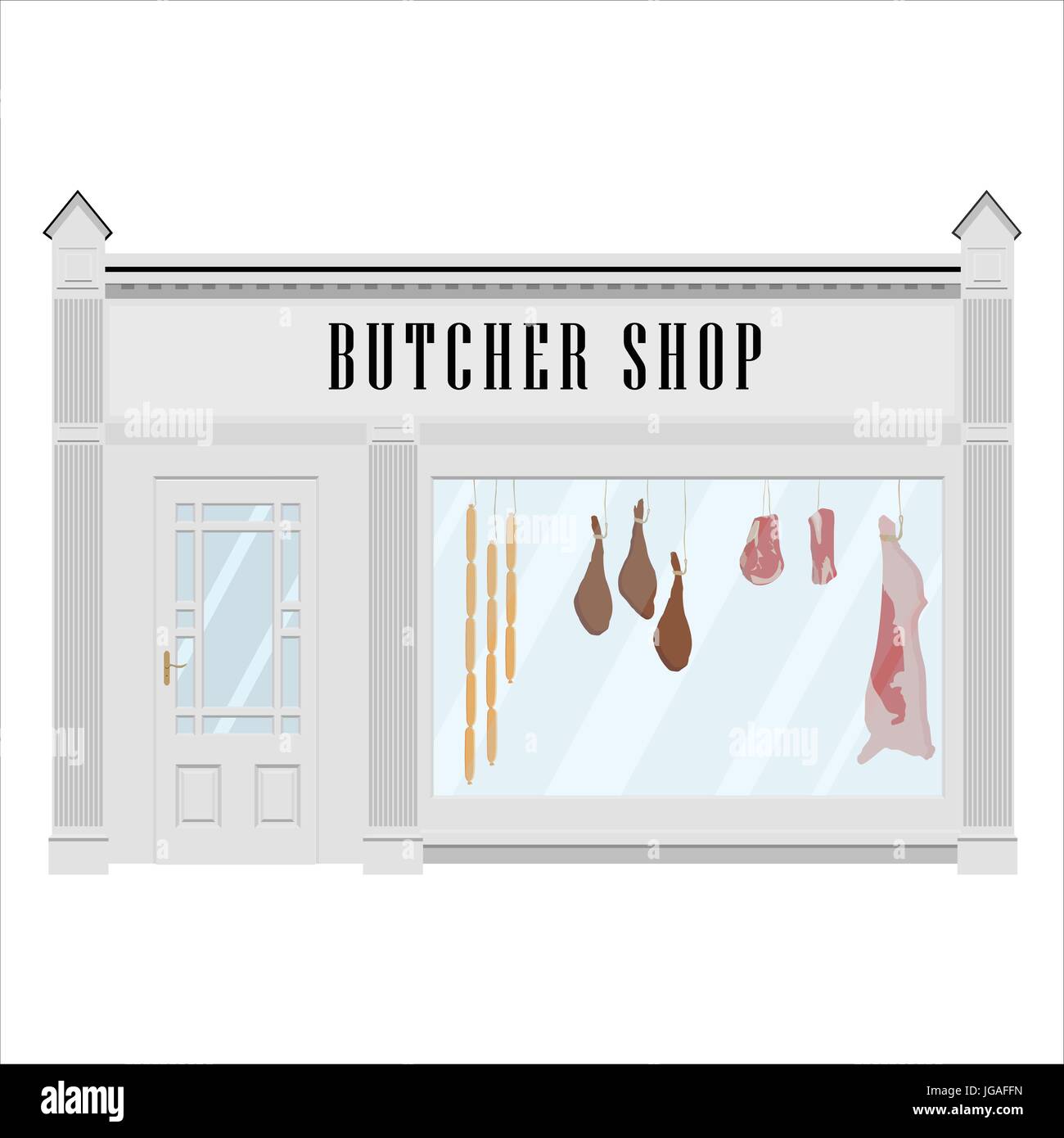 Vector illustration butcher shop facade icon. Sausages, beef carcass and steak. Butchery Stock Vector