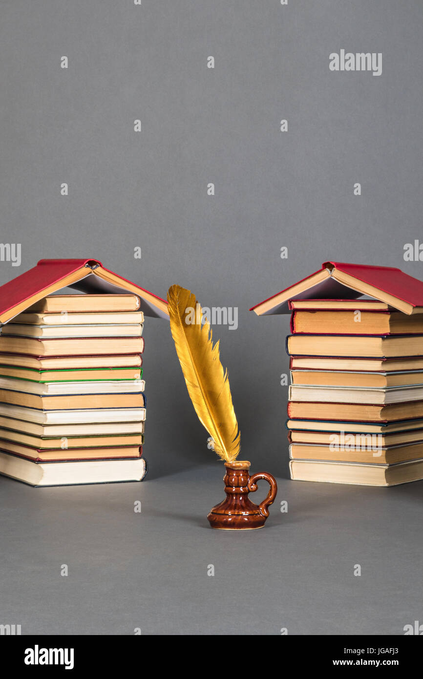 Education reading and writing concept with books and quill pen Stock