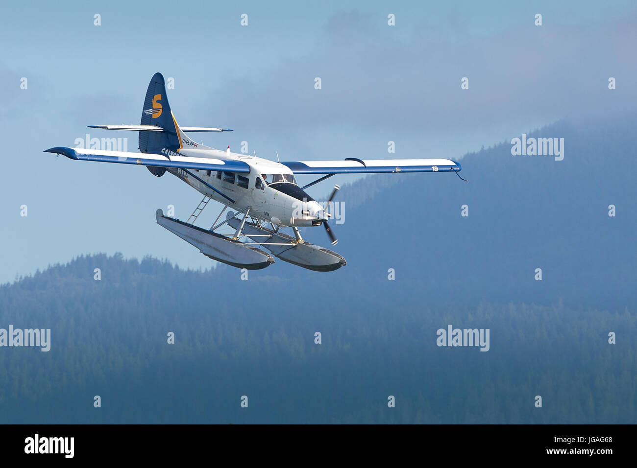 Harbour Air Turbo Otter Floatplane Approaching Vancouver Harbour, British Columbia, Canada. Stock Photo
