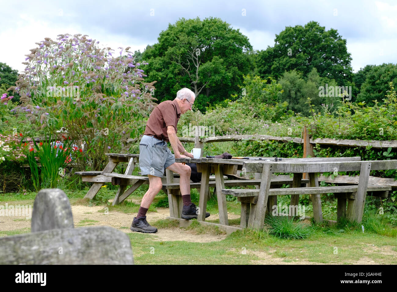 Sussex, UK. Solitary elderly male hiker about to sit down for a rest at picnic table. Stock Photo