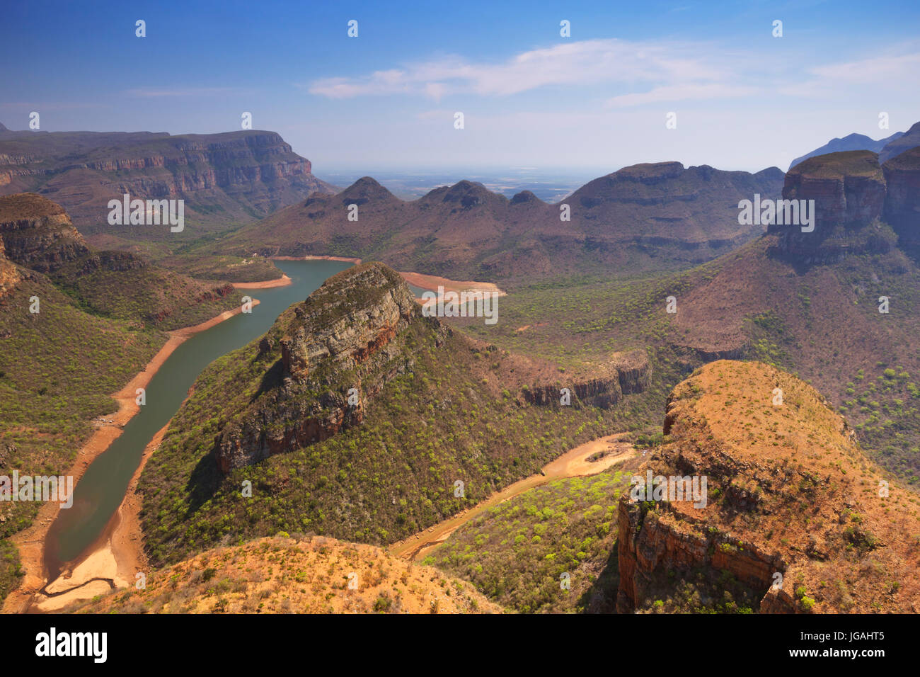 View over the Blyde River Canyon and the Three Rondavels in South Africa on a sunny day. Stock Photo