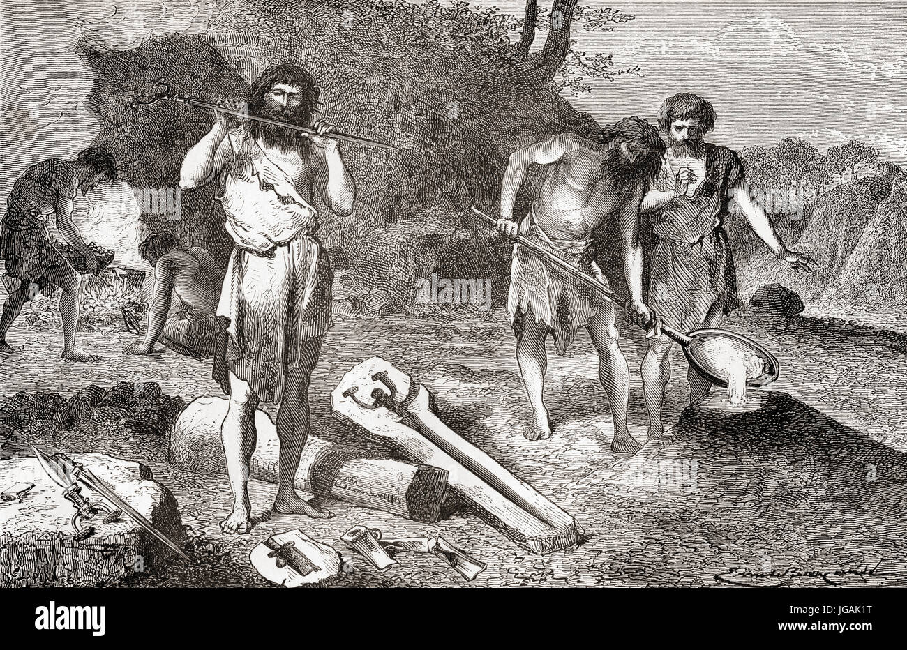 Men casting metal during the Bronze Age.  From L'Homme Primitif, published 1870. Stock Photo
