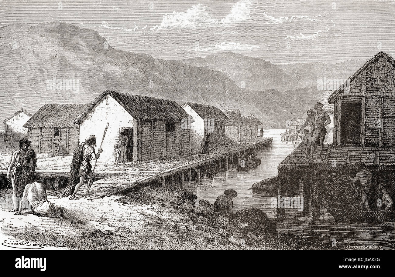 A lakeside village in Switzerland during the Bronze Age.  From L'Homme Primitif, published 1870. Stock Photo