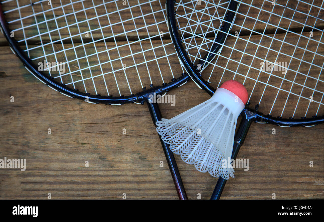 Close up of two badminton rackets and shuttle cock birdie Stock Photo