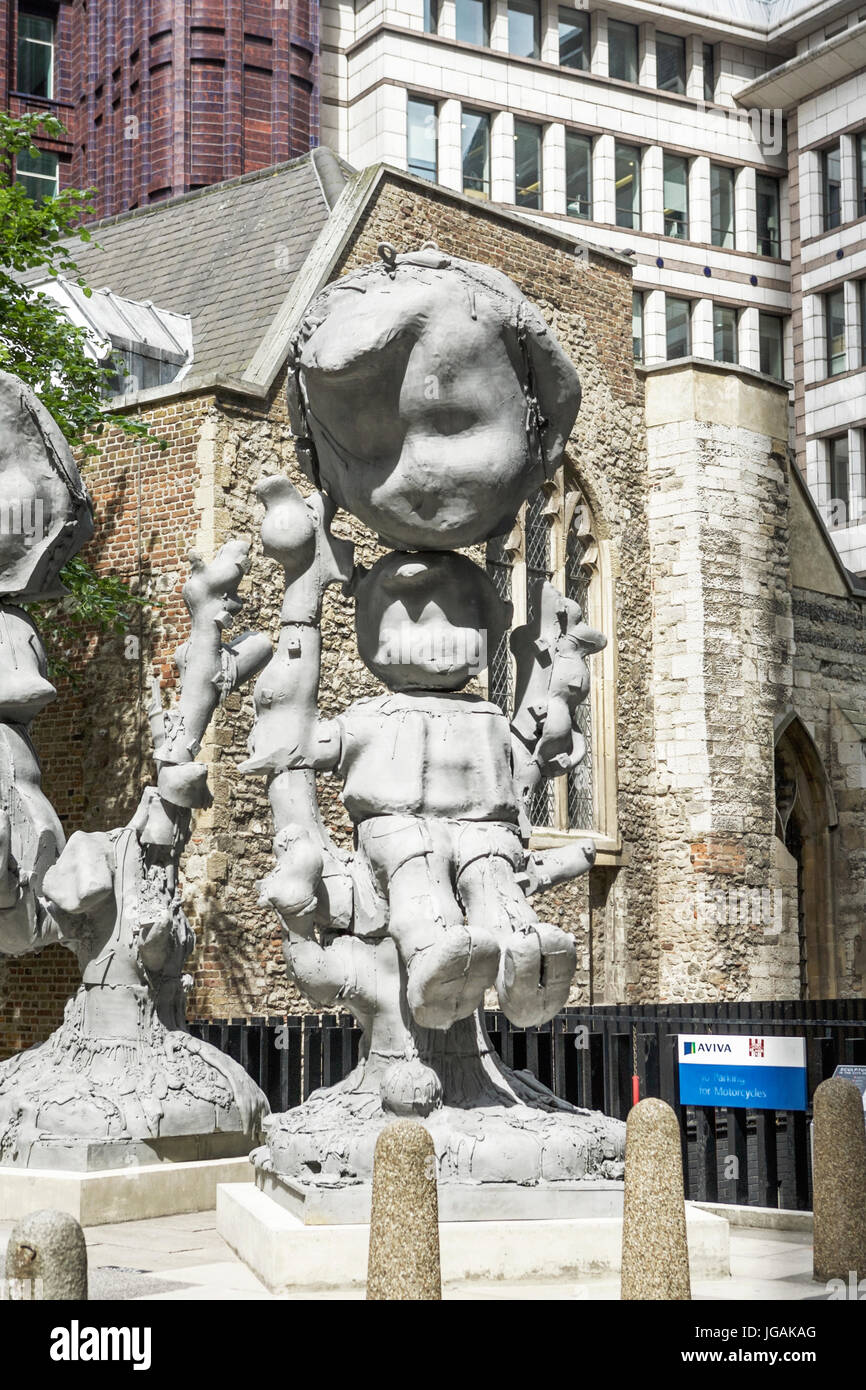 Apple Tree Boy Apple Tree Girl, sculpture by Paul McCarthy. On display in the City of London as part of Sculpture in the City, public art. Stock Photo