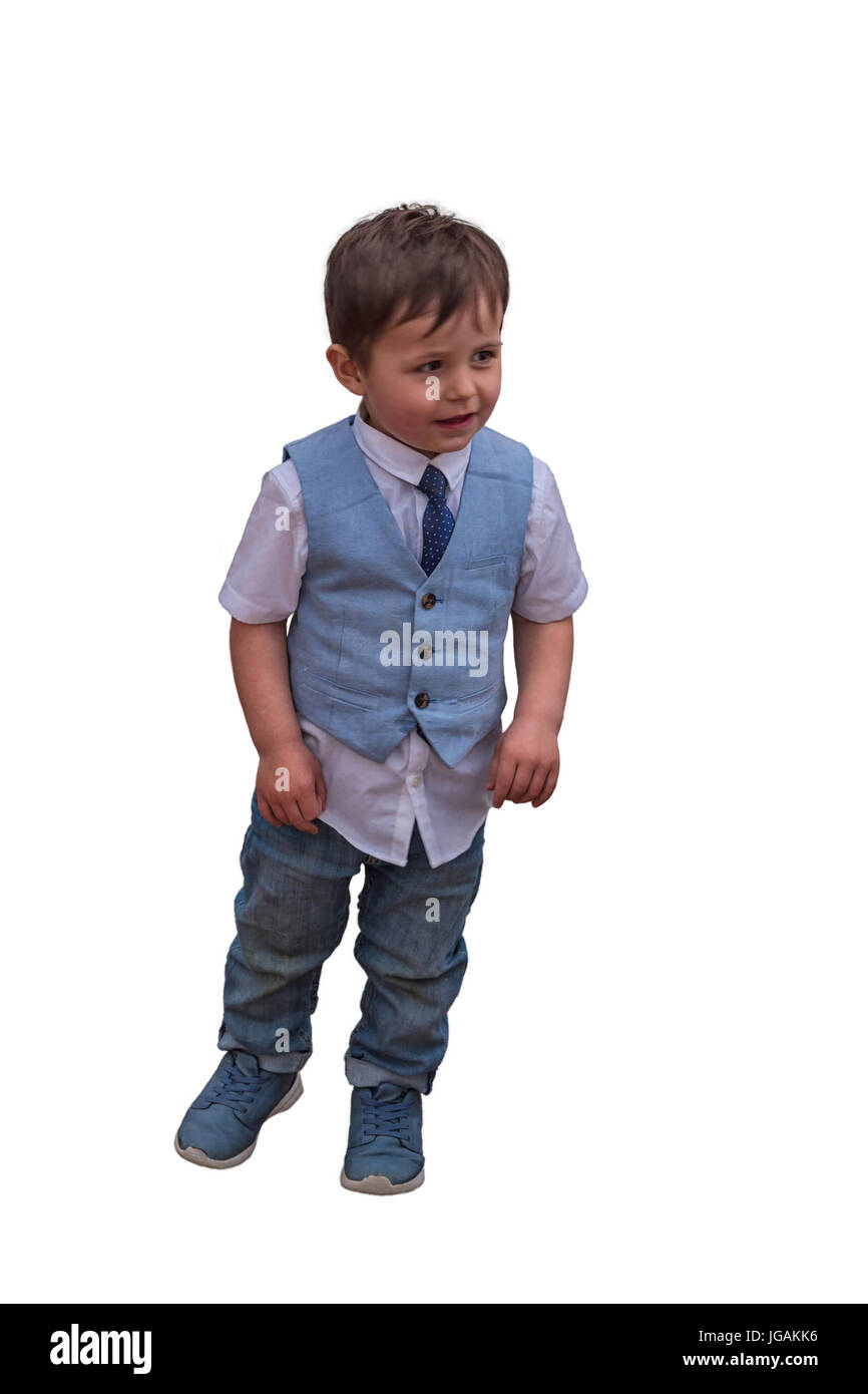 Little boy in suit with vest and tie on white background Stock Photo