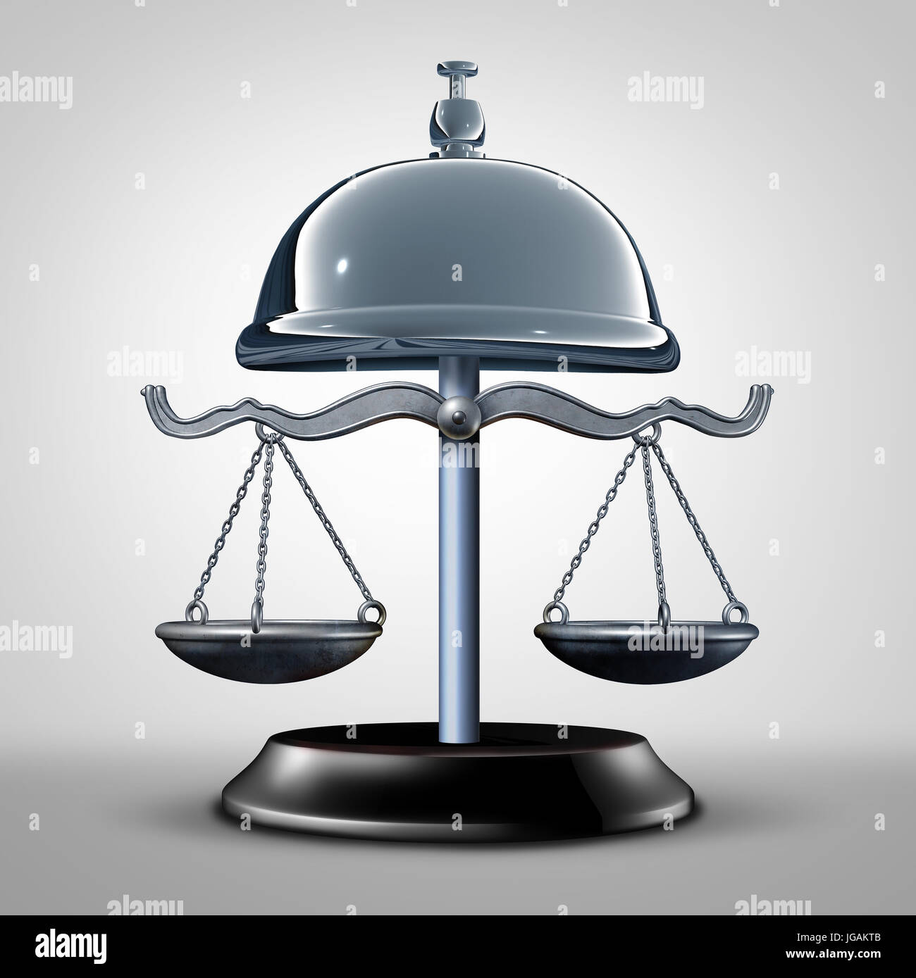 Law service and consumer protection services and attorney or lawyer advice concept as a justice scale shaped as a help bell as a 3D illustration. Stock Photo