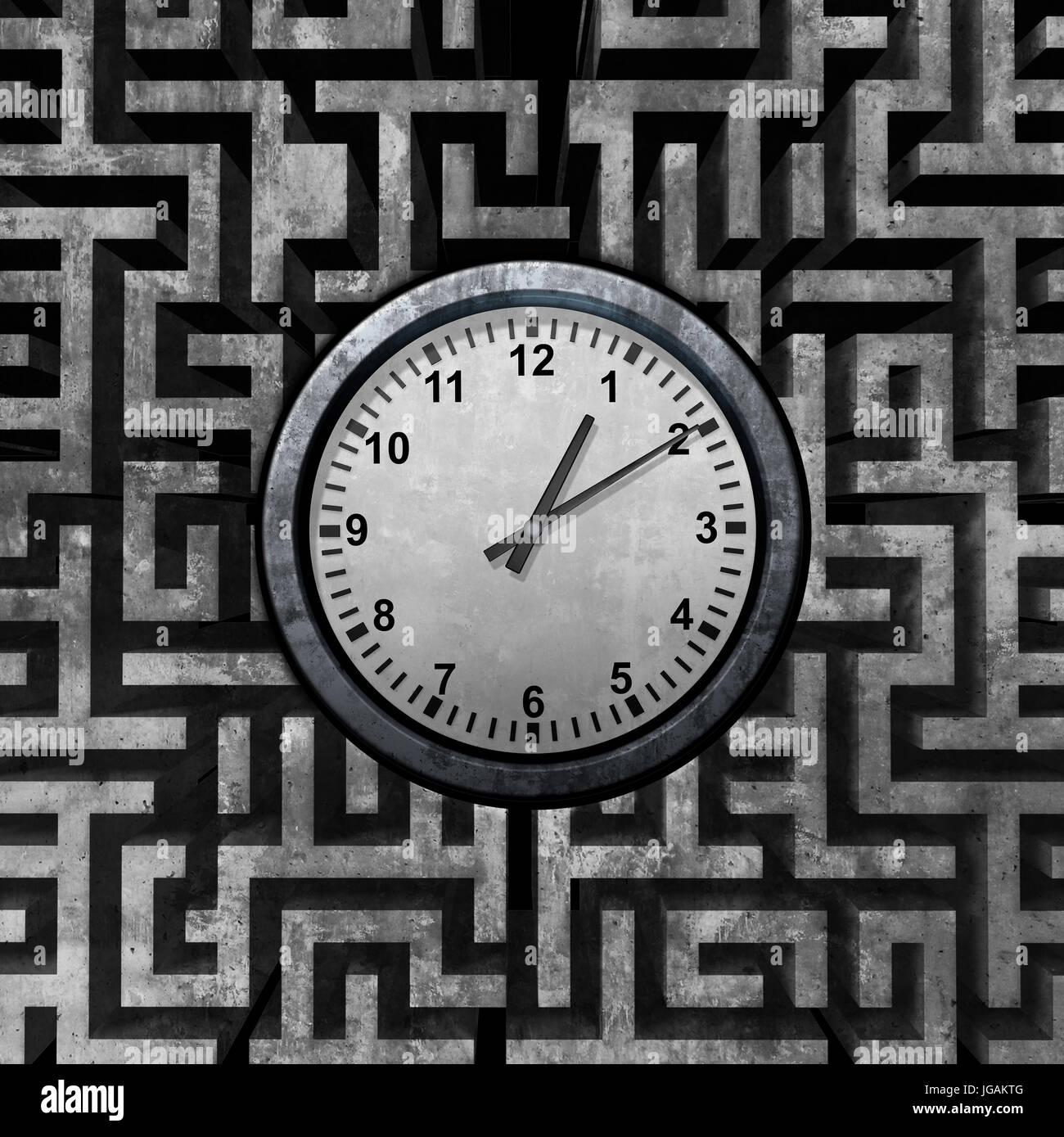 Time solution and productivity strategy concept and schedule planning as a work scheduling symbol with a clock inside a maze or as a 3D illustration. Stock Photo