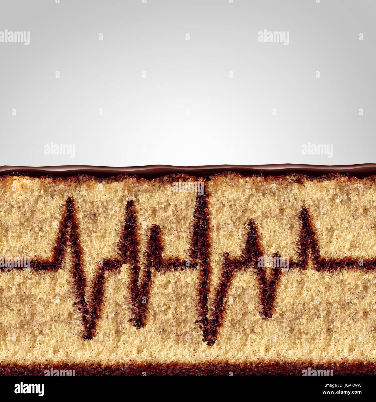 Eating and health concept as a cake with the filling shaped as an ekg or ecg monitor pattern as a medical or medicine risk symbol due to poor diet Stock Photo