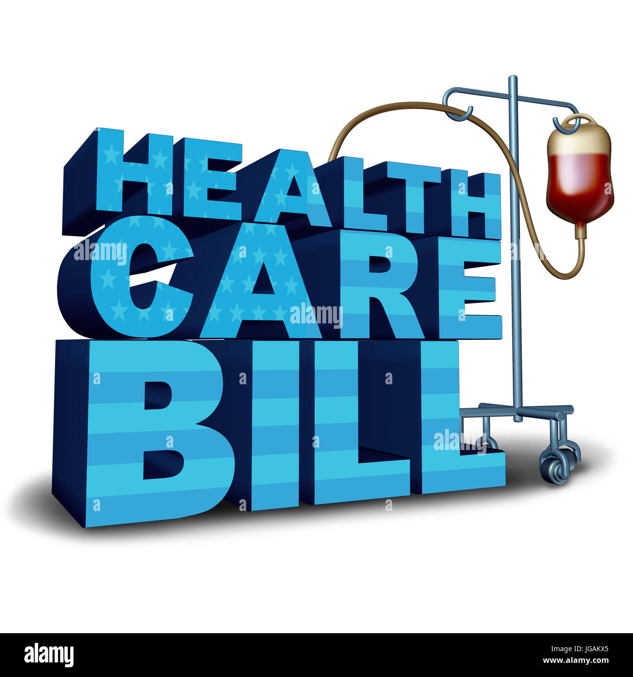United States health care bill concept and American medical insurance legislation symbol as text with a hospital intravenous blood bag. Stock Photo