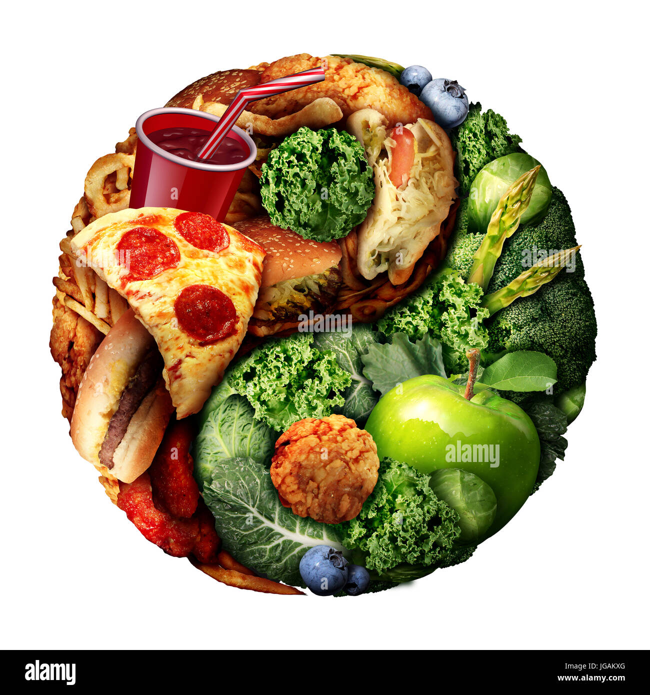 Nutrition and diet balance as a choice between good green natural food and unhealthy processed snacks shaped as a ying and yang symbol. Stock Photo