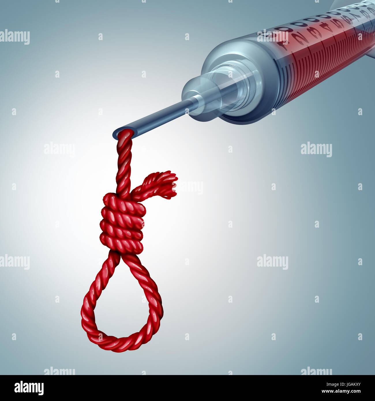 Health care danger and medical risk concept as a hospital syringe dripping blood shaped as a noose knot as a medicine. Stock Photo