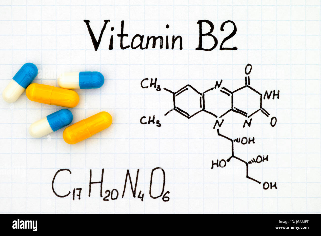Chemical formula of Vitamin B2 and pills Stock Photo - Alamy