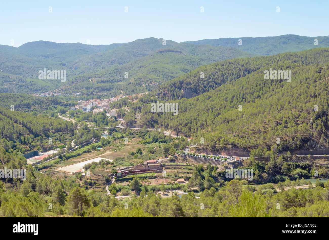 Rural tourism. Panorama view of Montanejos town, in the province of Castellon (Valencia - Spain). Thermal village. Glorious sunny day of summer Stock Photo