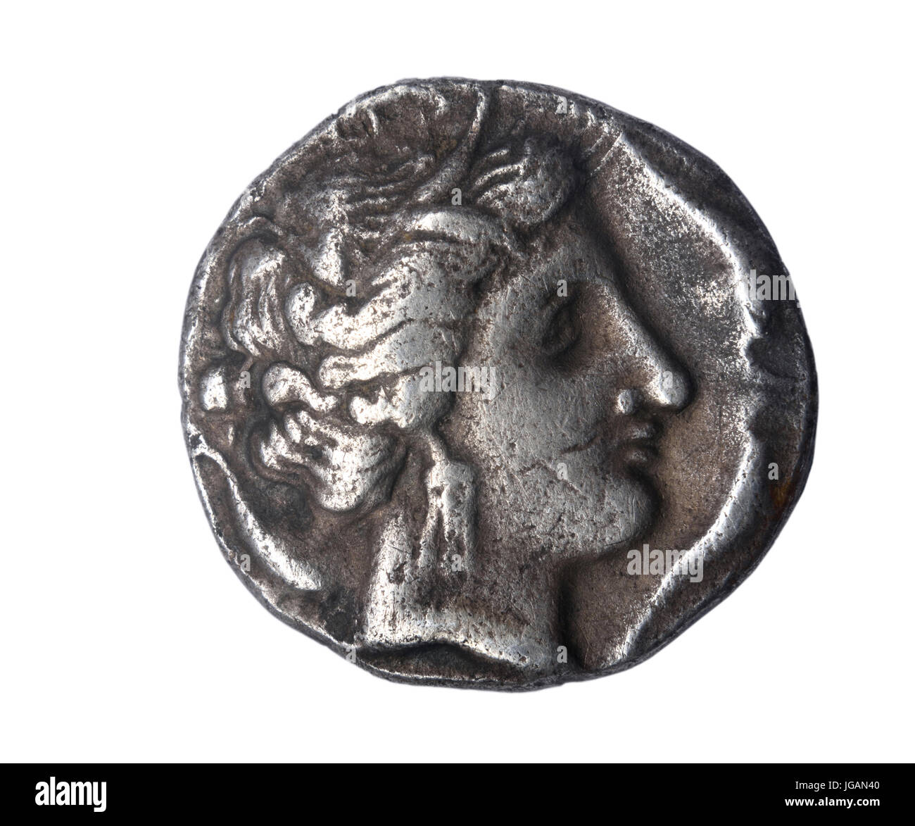 Dracma, III century B. C. Front: Head of a divinity Reverse: Pegasus and current legend Emporion (of Ampuritanos) Ampurias Stock Photo