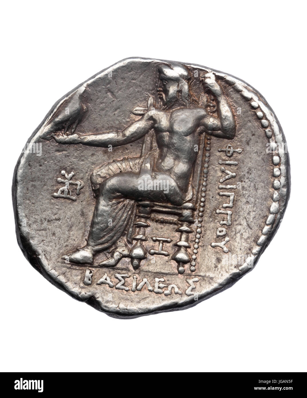 Tetradrachm of Alexander the Great late fourth century BC Reverse; sculpture sitting Zeus Stock Photo