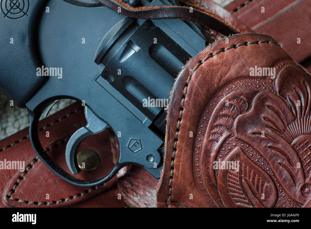 Close up of leather holster with toy bb gun pistol Stock Photo Alamy