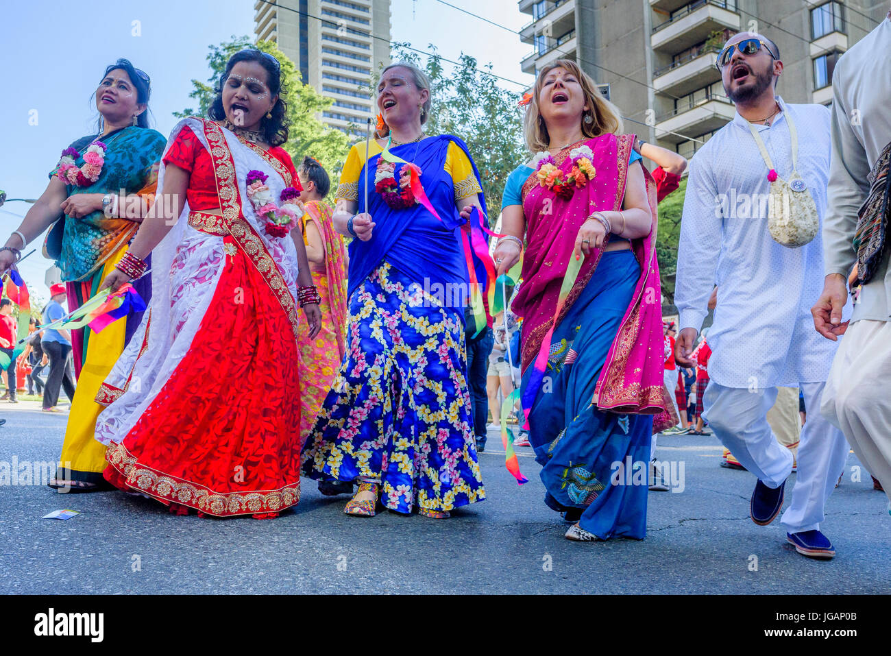 Hare Krishna group celebrates at Canada 150, Canada Day Parade, Vancouver, British Columbia, Canada. Stock Photo