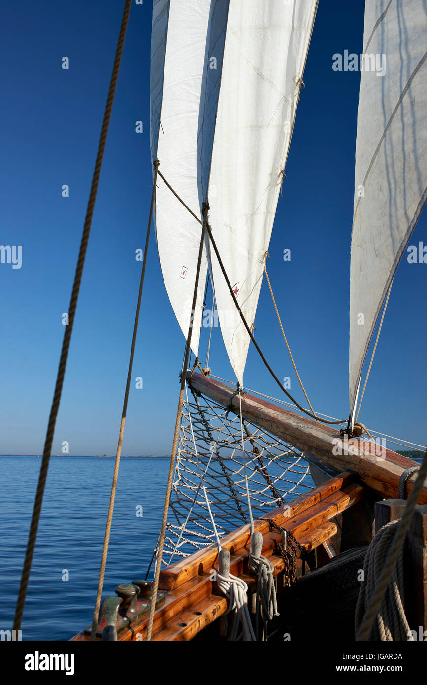 Astrid (Finland) TS 488 Gaff Ketch wooden sailing boat 1947 - view forwards of the bowsprit and sail Stock Photo