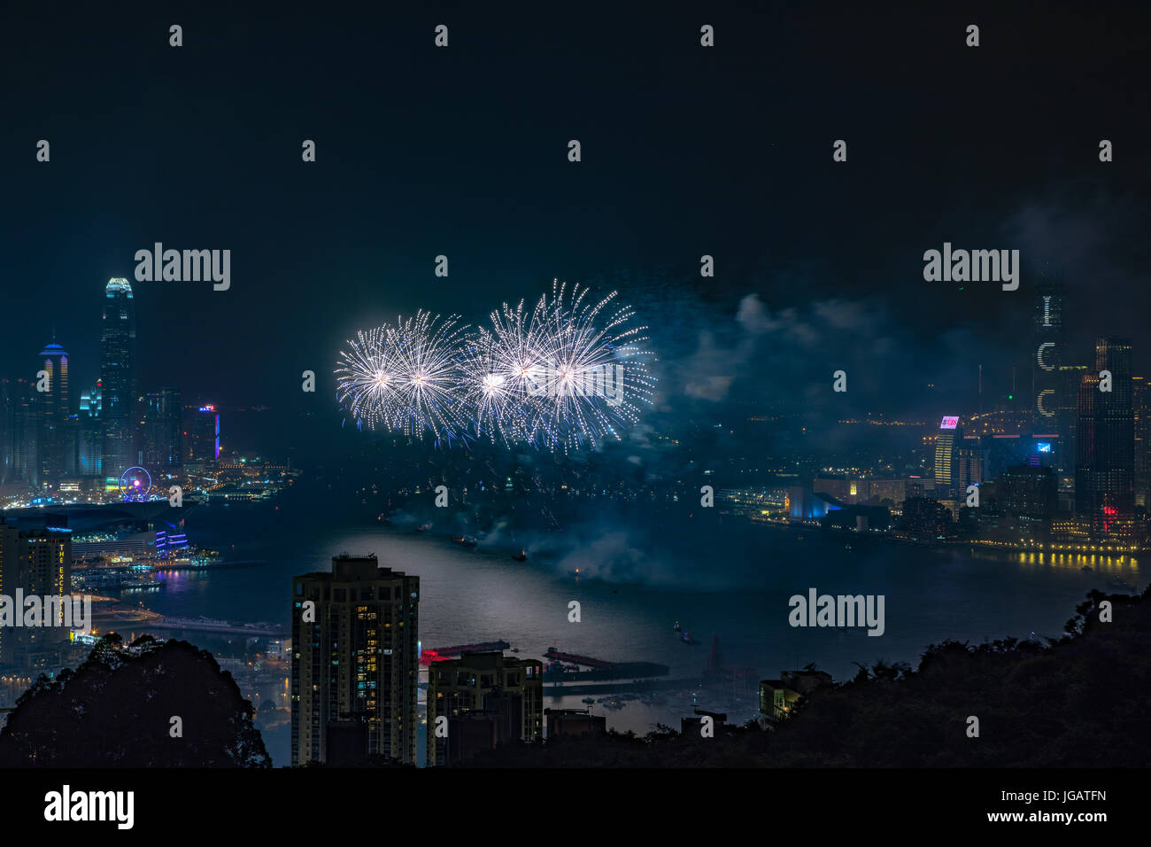 Fireworks at Victoria Harbour, Hong Kong. Commemorating 20th