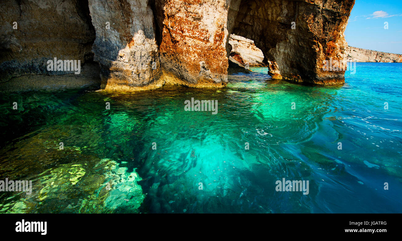 Greece, The island of Zakynthos. One of the most beautiful blue caves in the world. The Ionian Sea. Stock Photo
