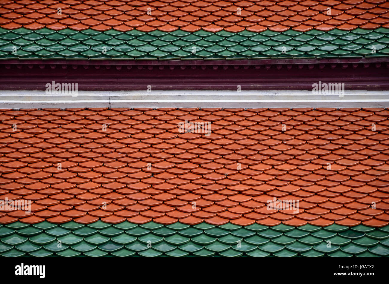Traditional Thai ceramic tile on rooftop of Buddhish church Stock Photo