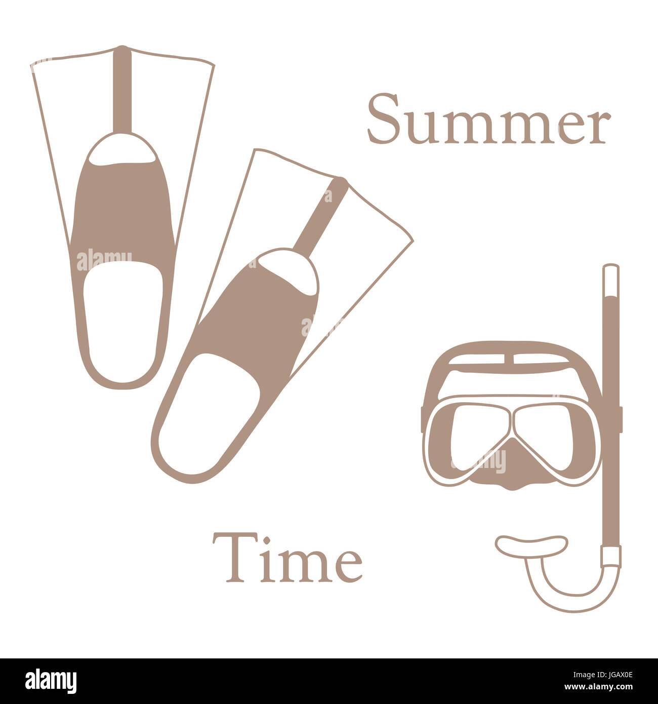 Stylized icon of a colored mask, tube and flippers for a scuba diving ...