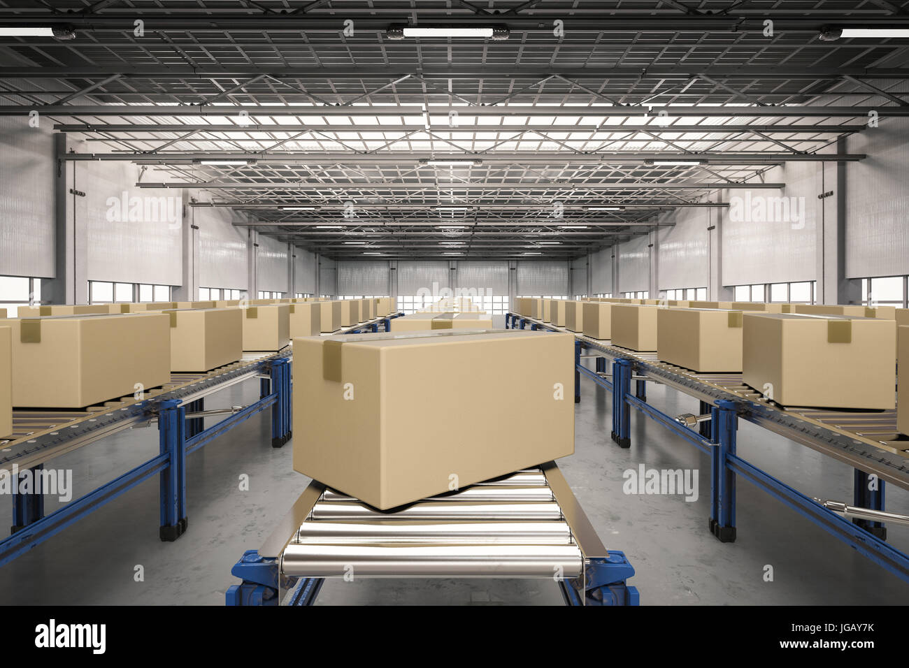 3d rendering carton boxes on conveyor belt Stock Photo - Alamy