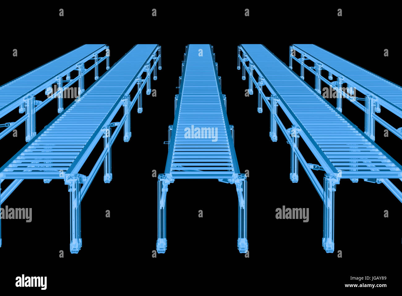 3d rendering x ray empty conveyor belts in a row isolated on black