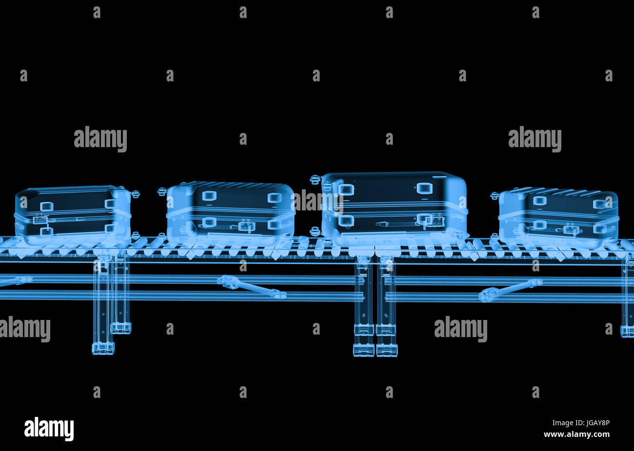 3d rendering x ray conveyor belt with luggages isolated on black Stock
