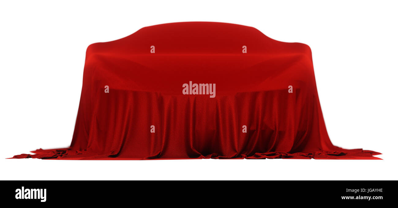 New racing design car covered with red cloth. 3d rendering illustration. Shallow DOF, shallow focus Stock Photo