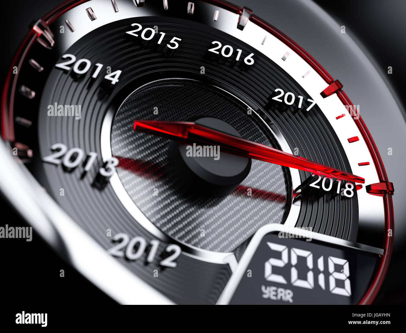 3d illustration of 2018 year car speedometer. Countdown concept Stock Photo