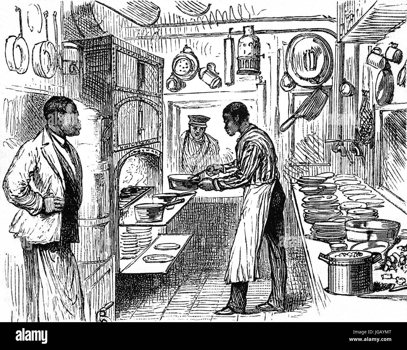 1879:  The kitchen of a Pullman Restaurant Car on Kansas - Pacific  Railway, United States of America Stock Photo