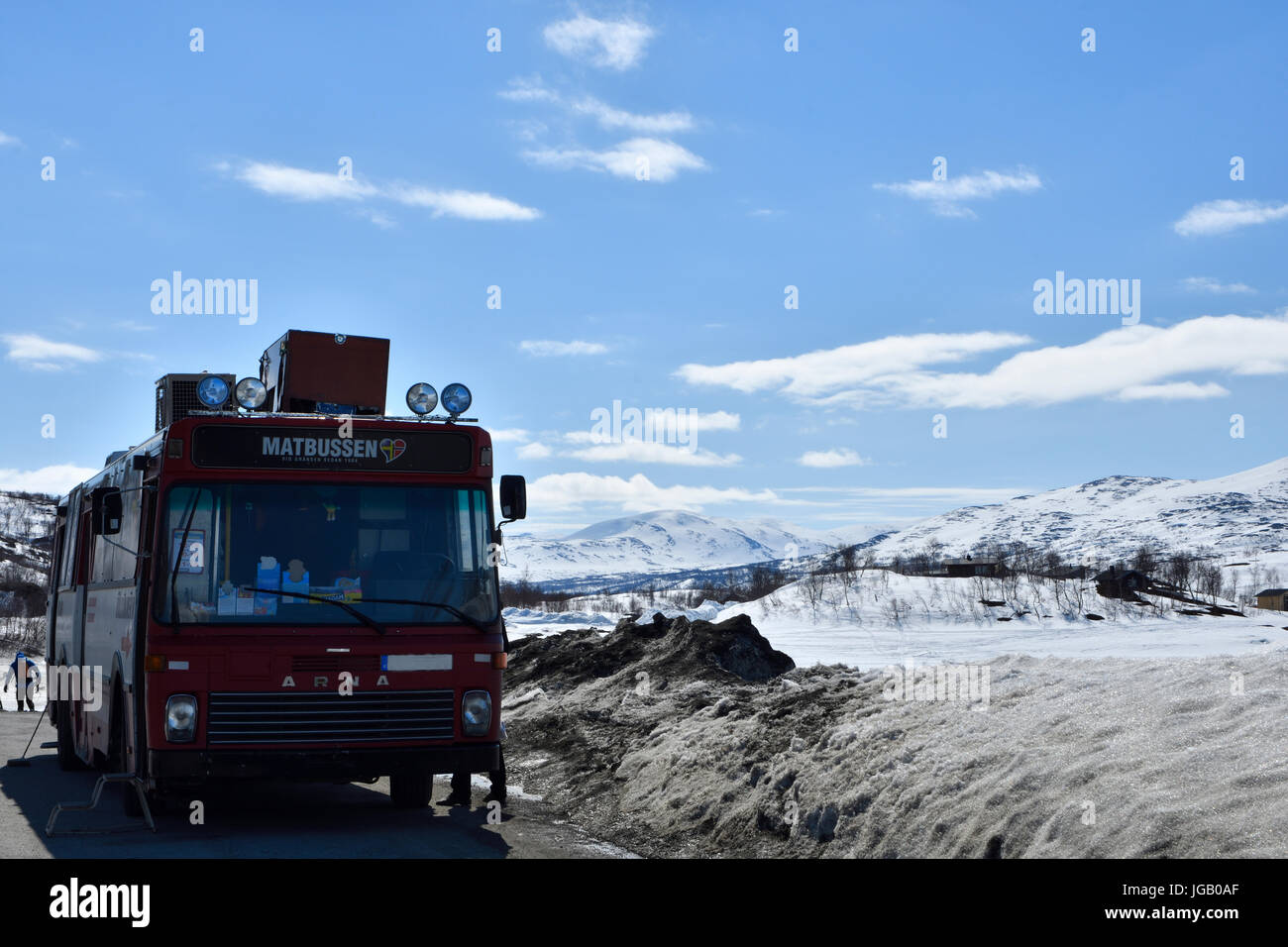 Strimasund,Sweden - May 13, 2017: This is a buss with food standing at the Swedish Norway border every day because the differ in food prices between S Stock Photo