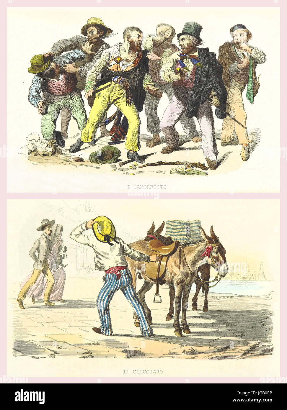 Double illustration of Neapolitan people. By Palizzi, Martorana, Mattei and Cucinotta, publ. on Usi e Costumi di Napoli.., Ed. Nobile, Napoli, 1853-58 Stock Photo