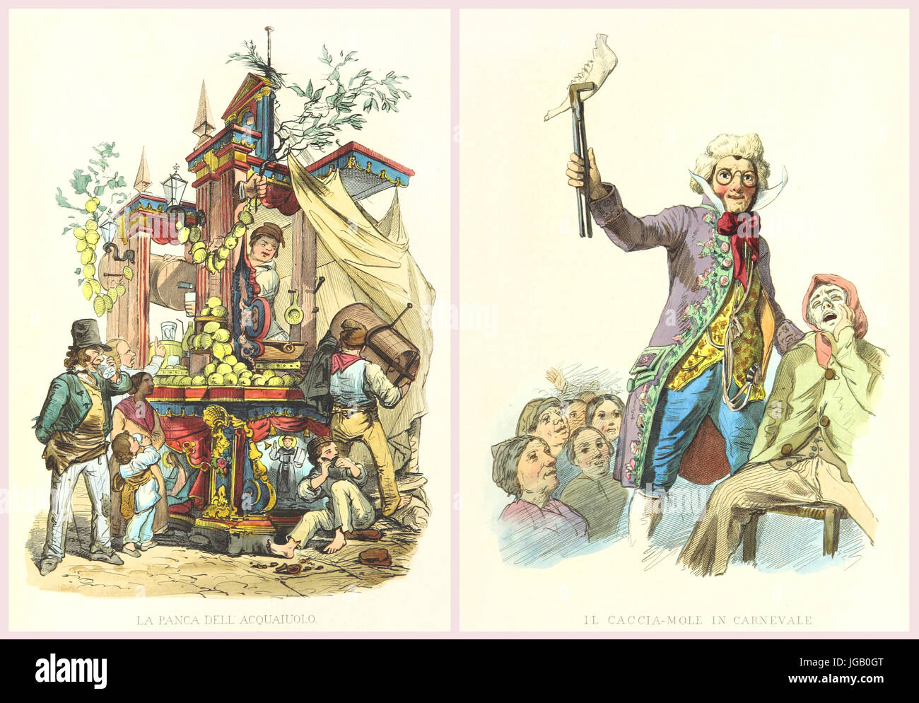 Double illustration of Neapolitan people and life. By Palizzi and Mattei. Publ. on Usi e Costumi di Napoli..., Ed. Nobile, Napoli, 1853-58 Stock Photo