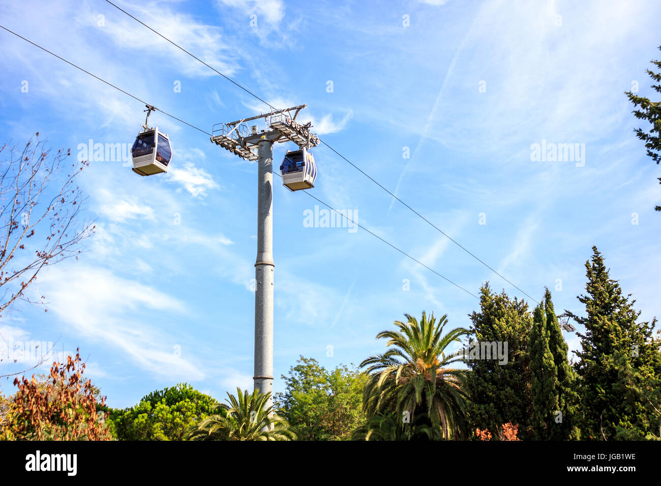 Cable car between coast and Montjuic hill, Barcelona, Spain Stock Photo ...