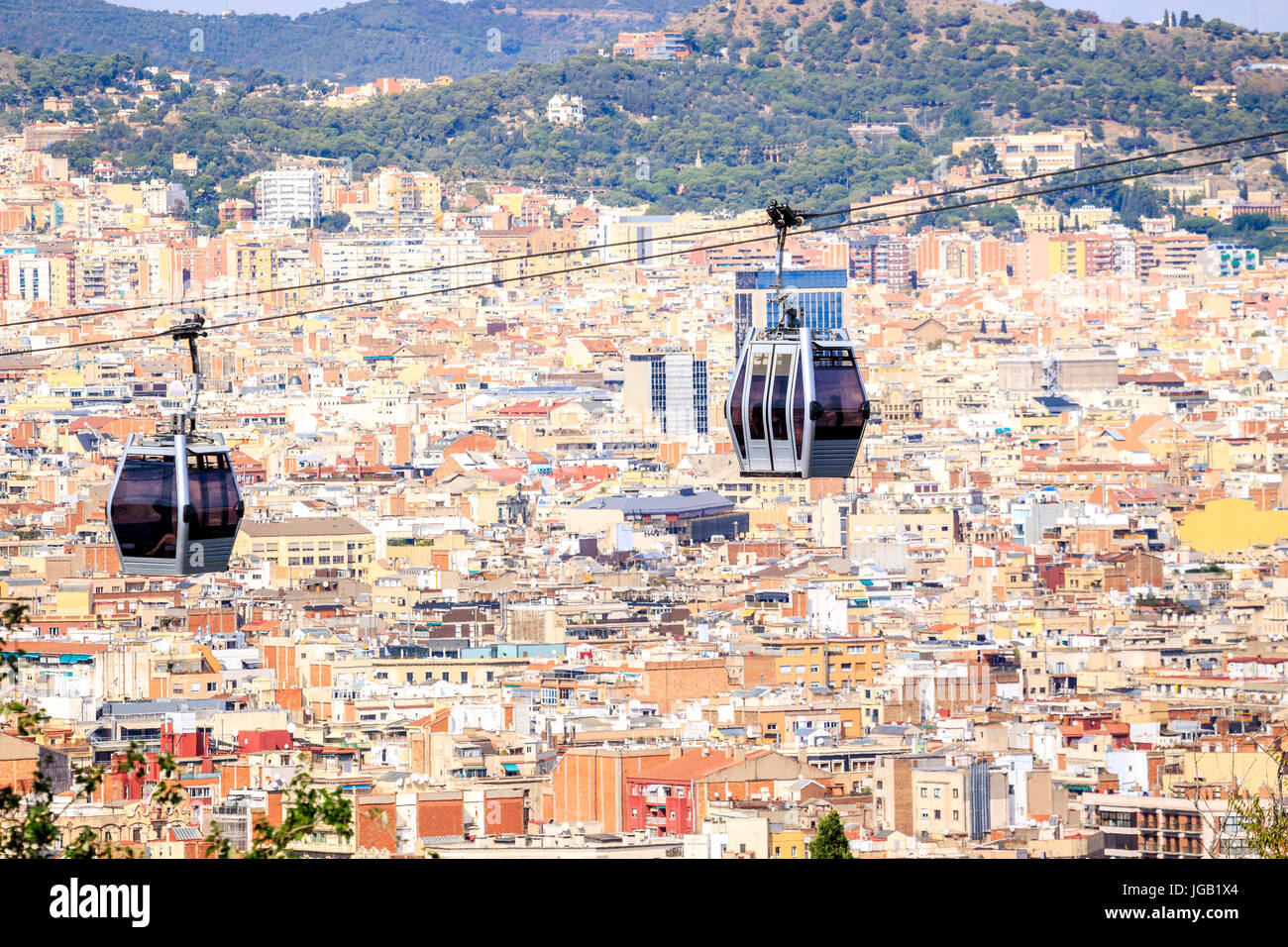 Cable car between coast and Montjuic hill, Barcelona, Spain Stock Photo ...