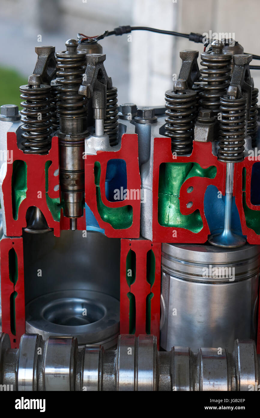 close view to the cylinders in vehicle car engine. cutaway model for