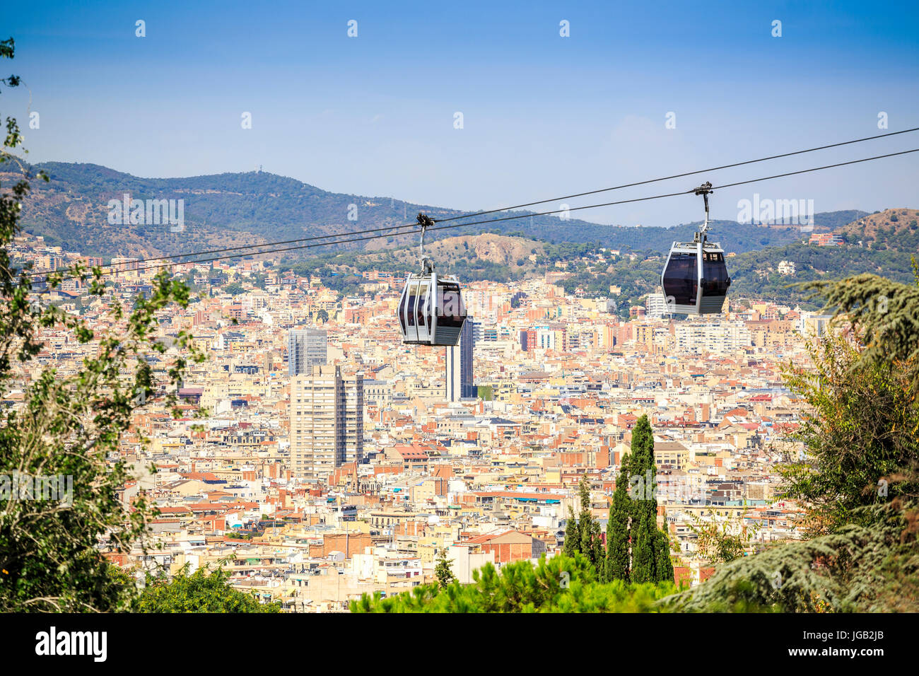 Cable car between coast and Montjuic hill, Barcelona, Spain Stock Photo ...