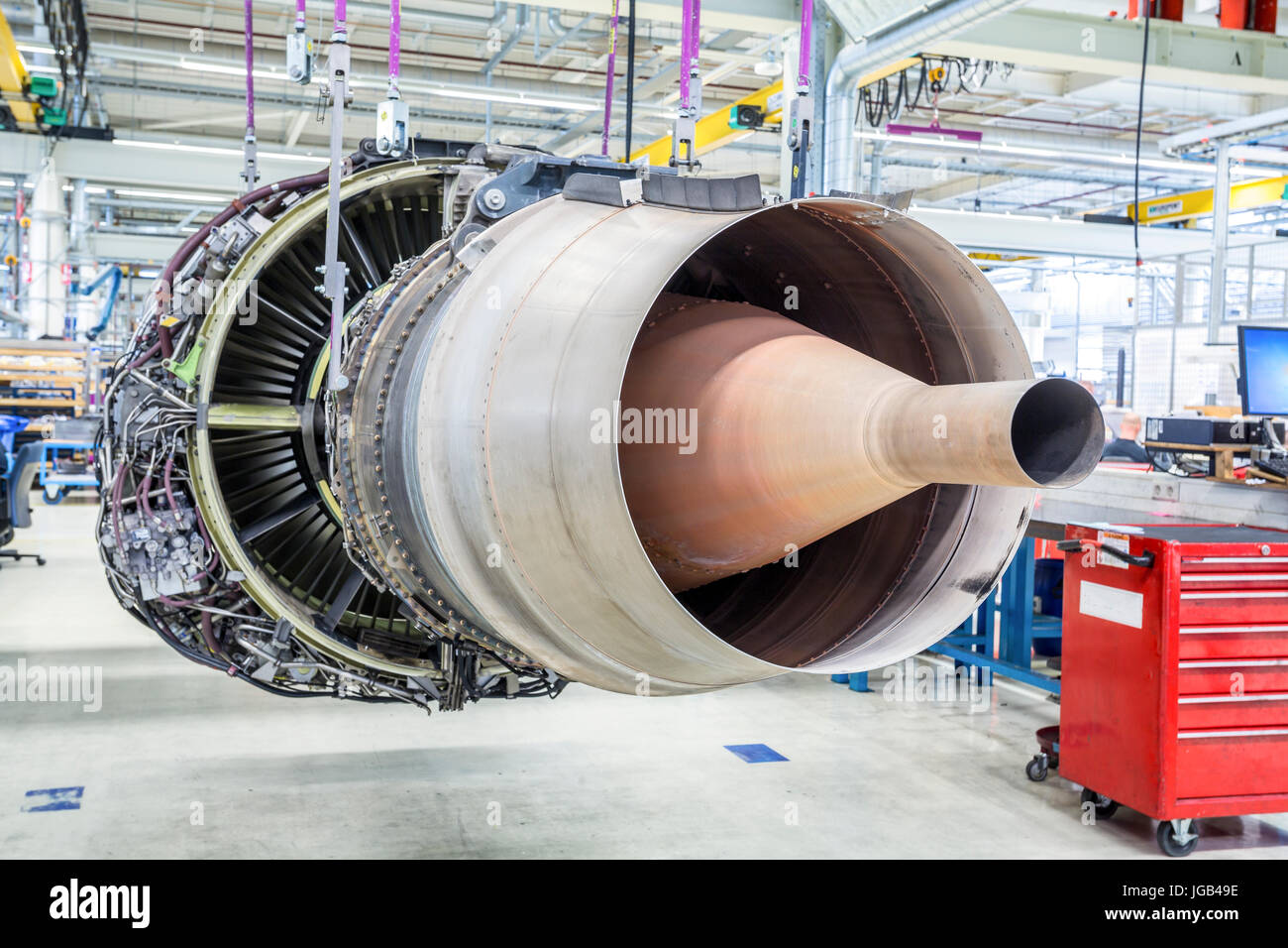An airplane engine during maintenance in a warehouse Stock Photo