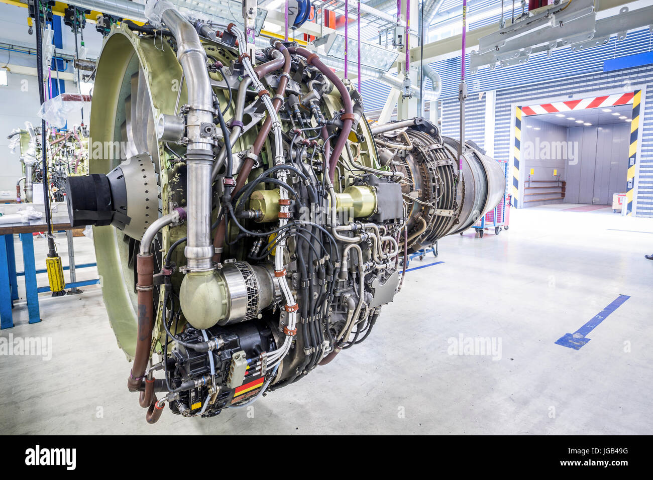 An airplane engine during maintenance in a warehouse Stock Photo