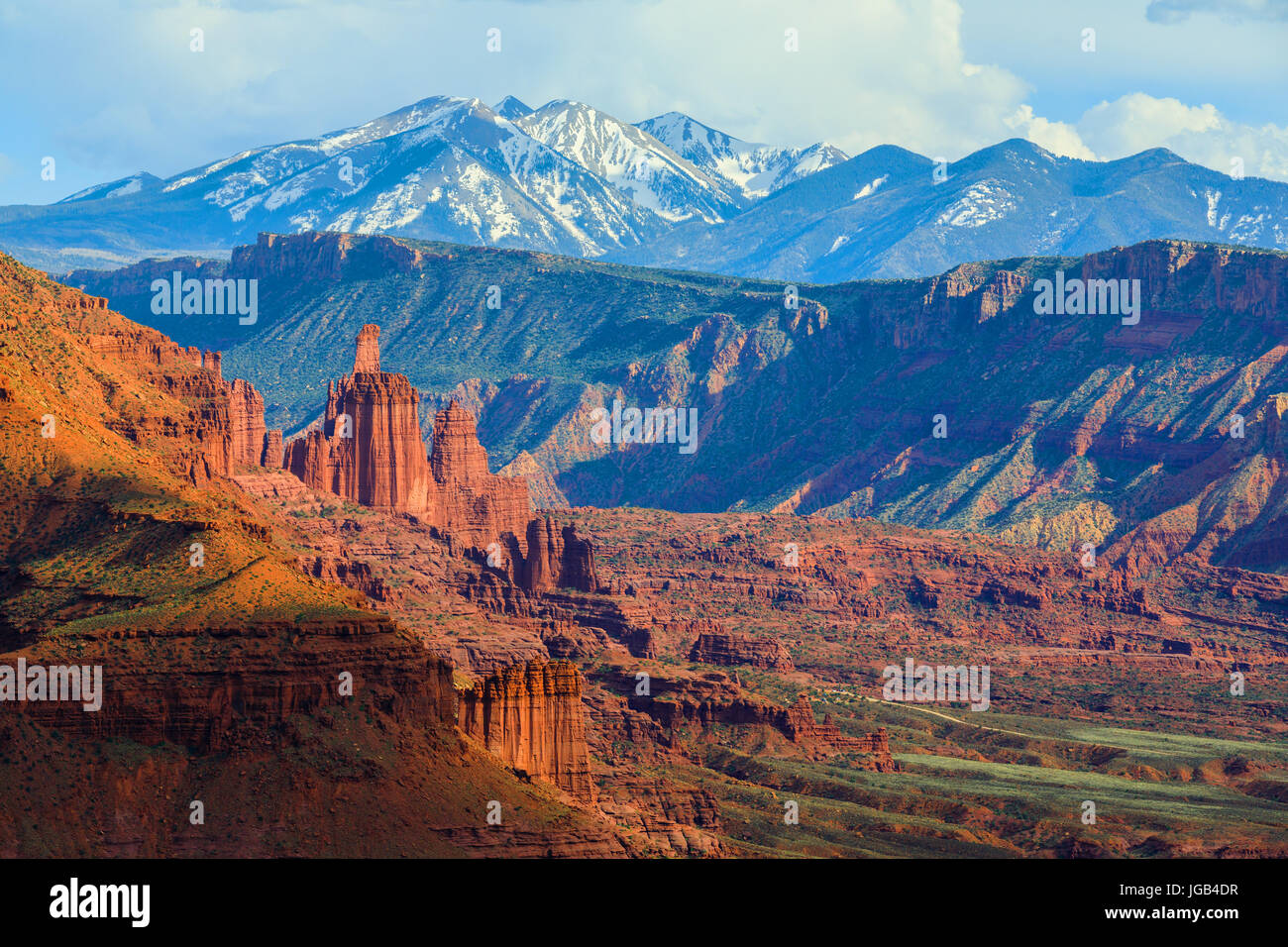 The Fisher Towers in sunset light, near Moab, Utah, USA Stock Photo