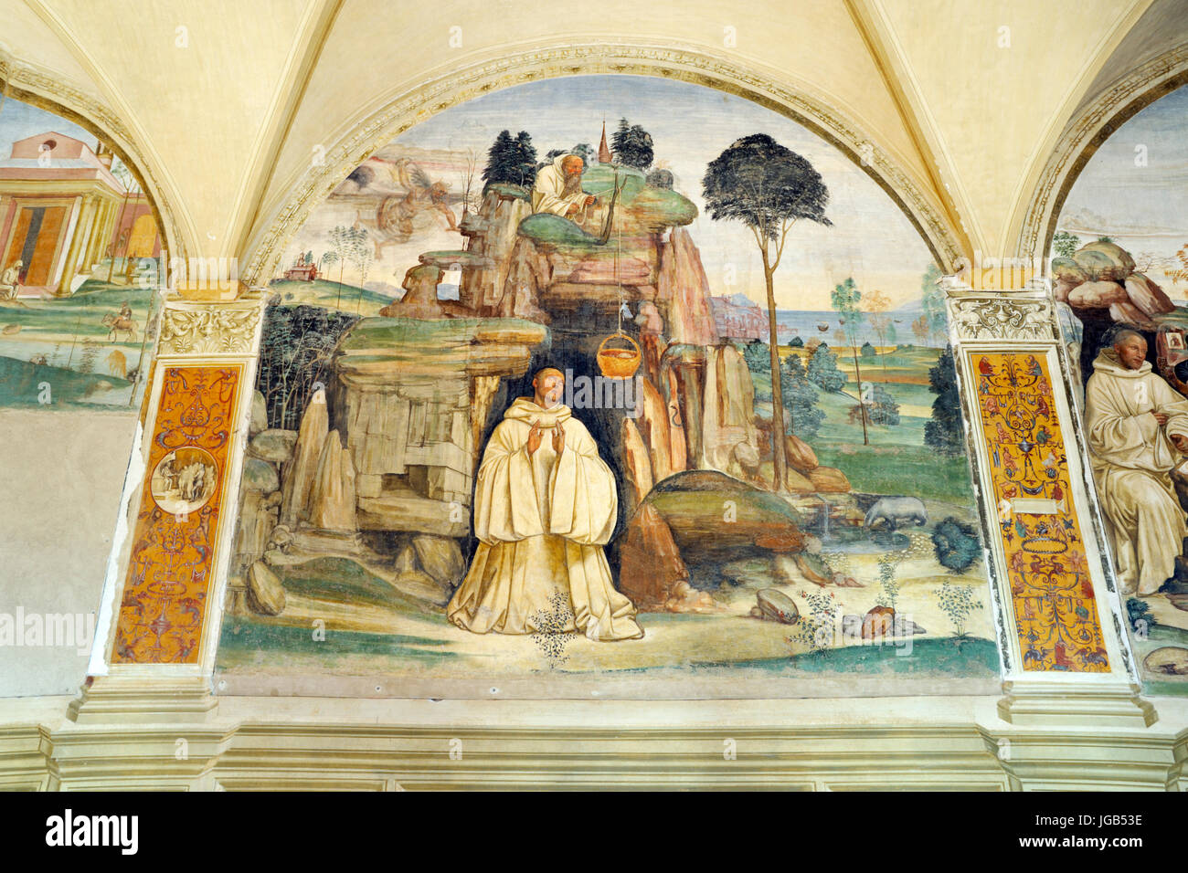 Renaissance frescos, st Benedict life, painting by Il Sodoma, Chiostro Grande (Great Cloister), Abbey of Monte Oliveto Maggiore, Tuscany, Italy Stock Photo