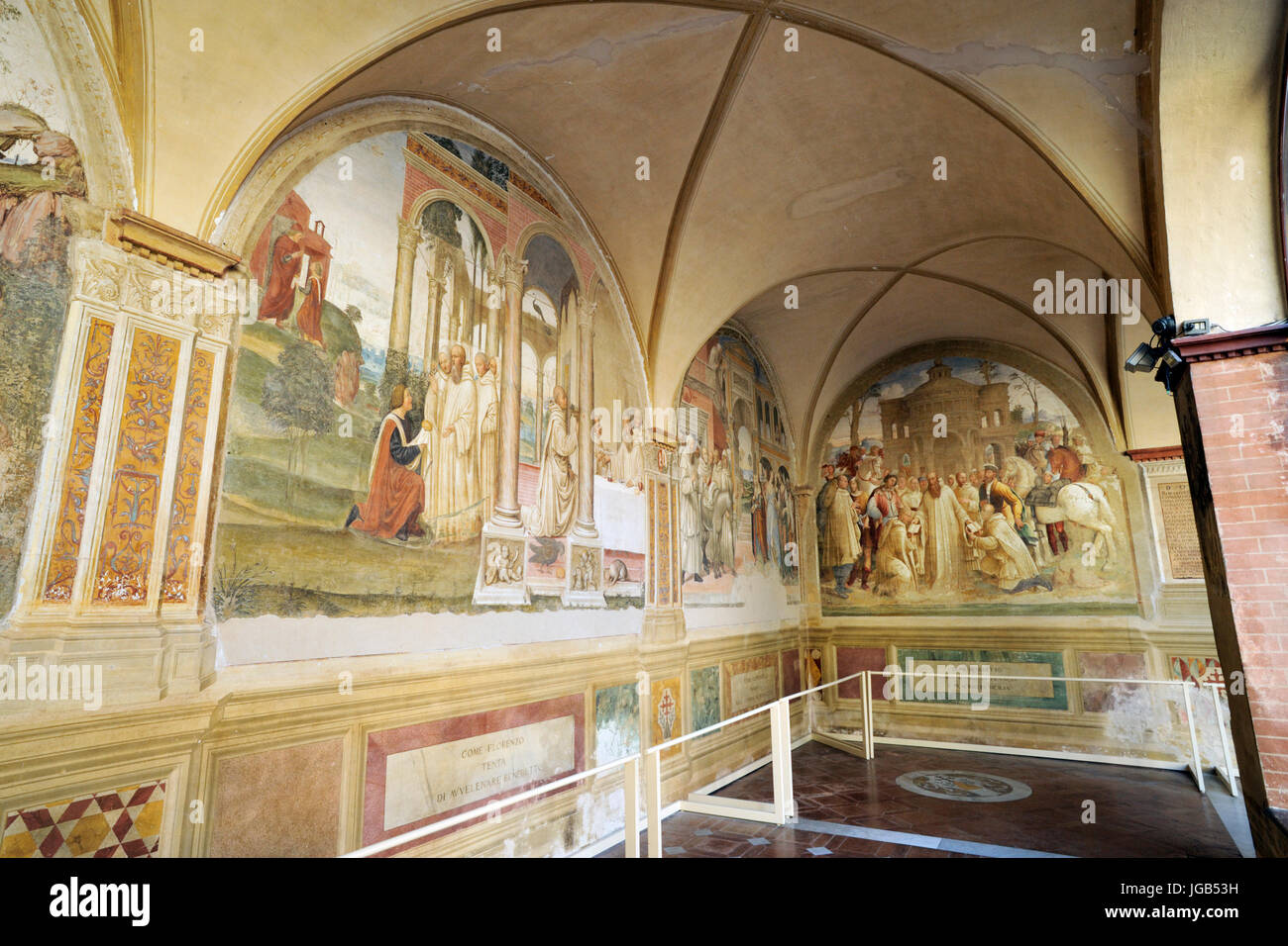 renaissance frescos, st Benedict life, paintings by Il Sodoma and Il Riccio, Great Cloister, Abbey of Monte Oliveto Maggiore, Tuscany, Italy Stock Photo