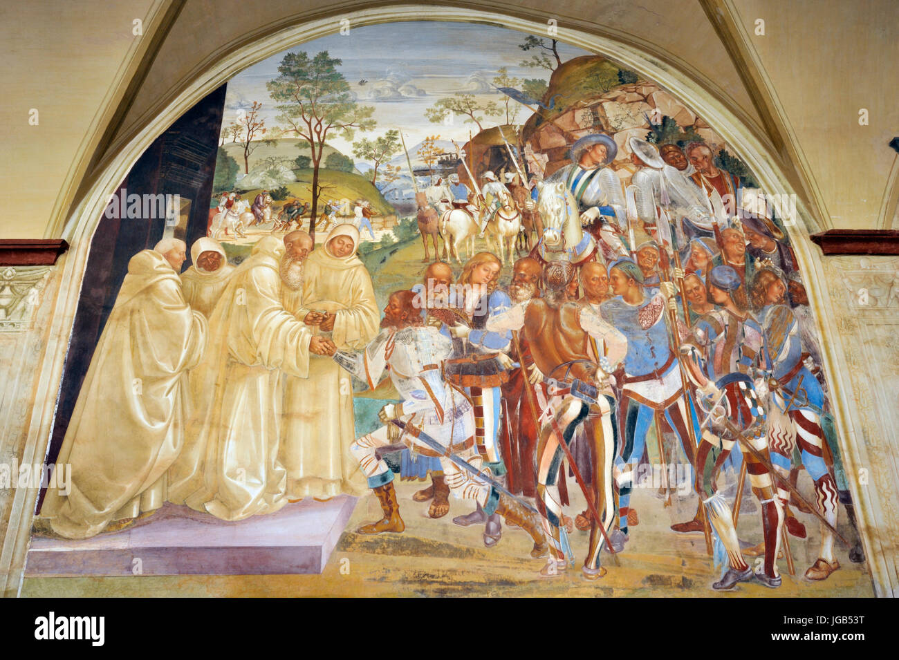 Renaissance frescos, st Benedict life, painting by Luca Signorelli, west side of Great Cloister, Abbey of Monte Oliveto Maggiore, Tuscany, Italy Stock Photo