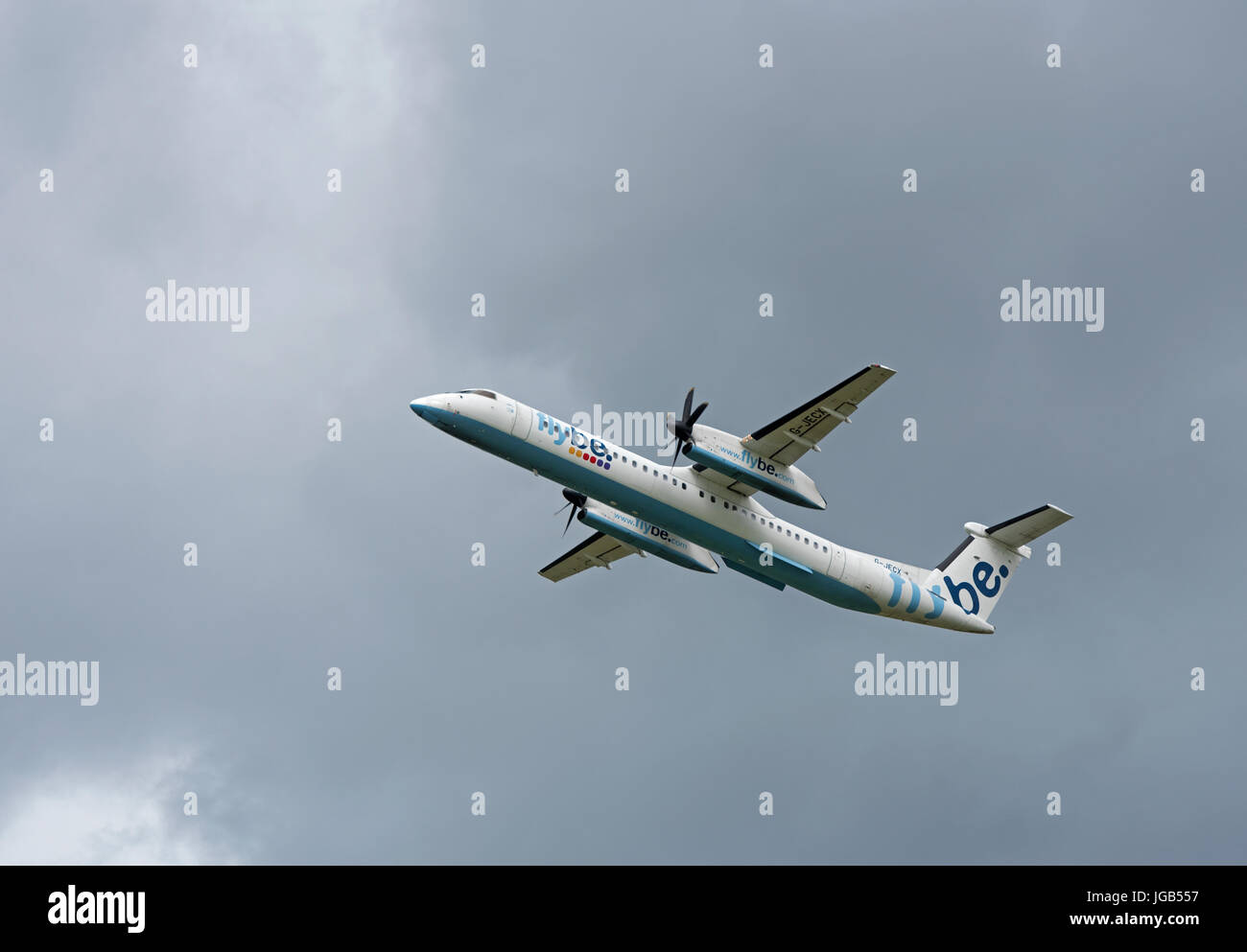 Flybe Dash 8-402 flight leaving Inverness Scotland for Manchester England UK. Stock Photo